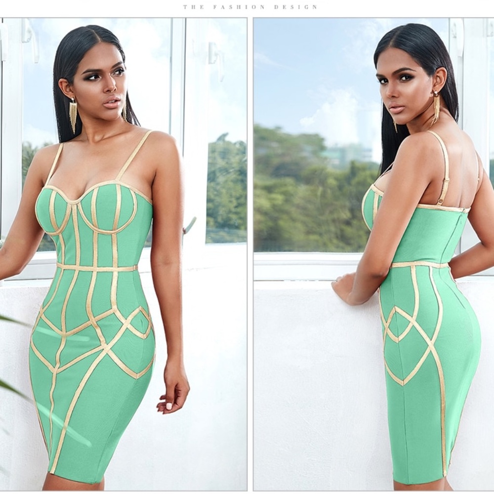 🎥 Bandage Contrast Trim Slim Dress in Turquoise - Picture 5 of 15